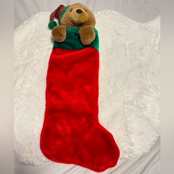 Vintage Christmas Stocking Teddy Bear Santa Hat 80’s 90s Cute Grannycore Classic - Picture 4 of 11